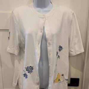 Vintage BonWorth White Cardigan with Blue and Yellow Floral Design